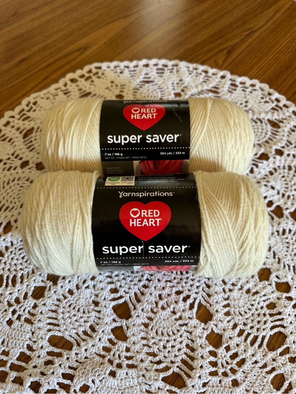 NWT Off-White Aran color Red Heart Super Saver Yarn 2 Skeins